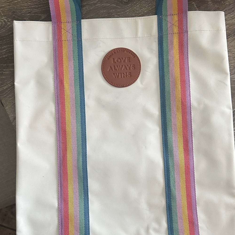 Bath & Body Works White Tote with Rainbow Straps